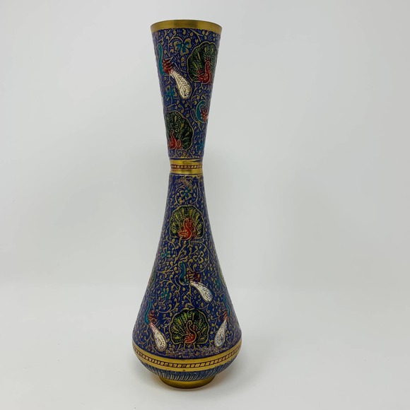 Vase Decorated With Peacock Foliate And Floral Brass 10" - Picture 1 of 7